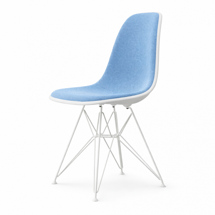 Eames Chaise DSR rembourée - Blanche / Bleu / Ivoire Hopsak (Outlet)