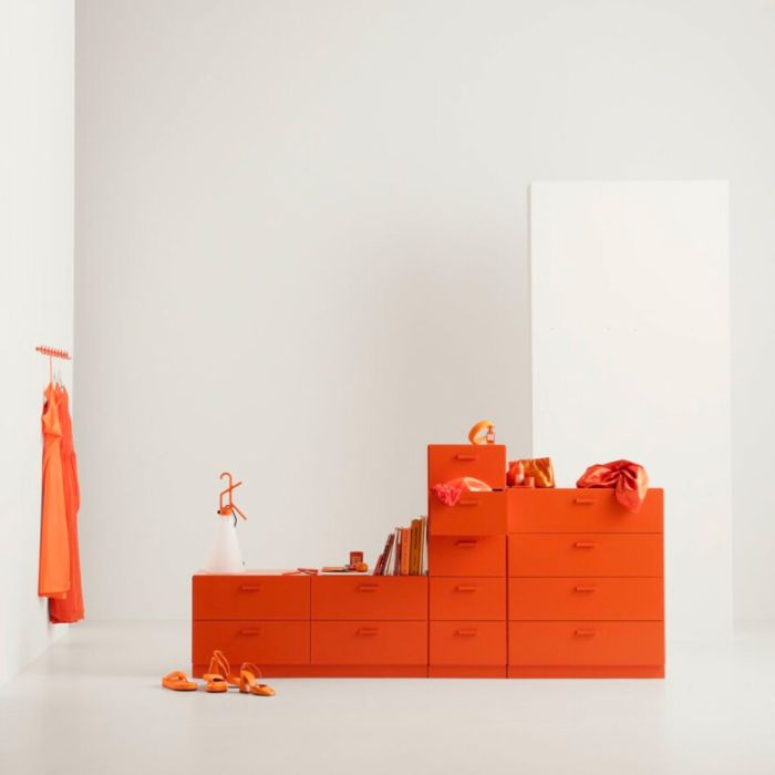One low, one tall and one wide Relief drawer with plinth